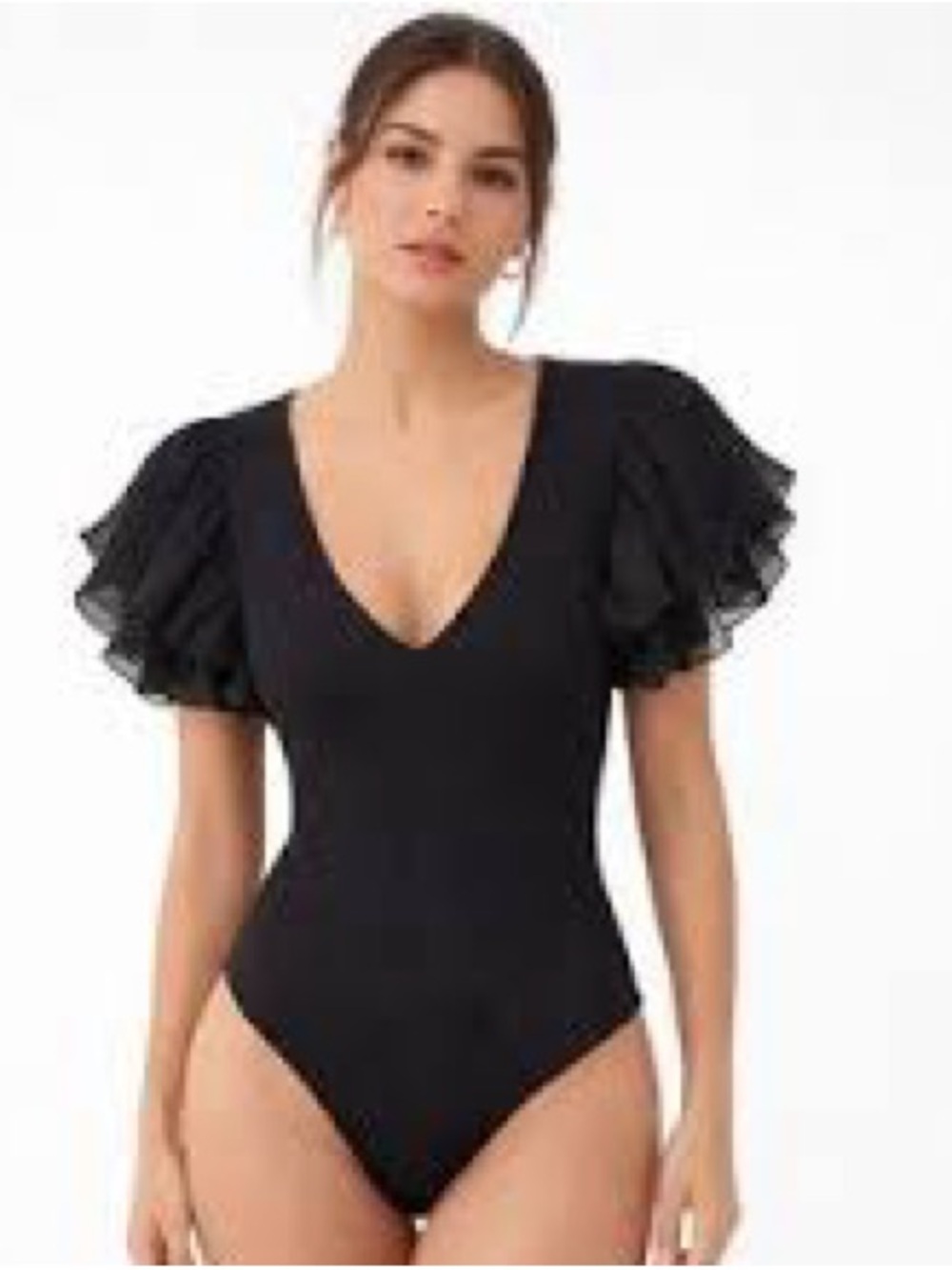 Small Zara Black Ribbed V-Neck Bodysuit Organza Ruffle Sleeves